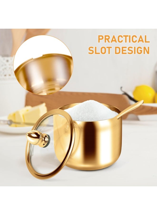 2 Pcs Coffee and Sugar Dispenser with Tray - 10 oz Sugar Bowl with Glass Lid and Spoon for Coffee Bar Accessories Kitchen Storage for Salt,Coffee Bean,Brown Sugar Cubes (Gold) - Image 5